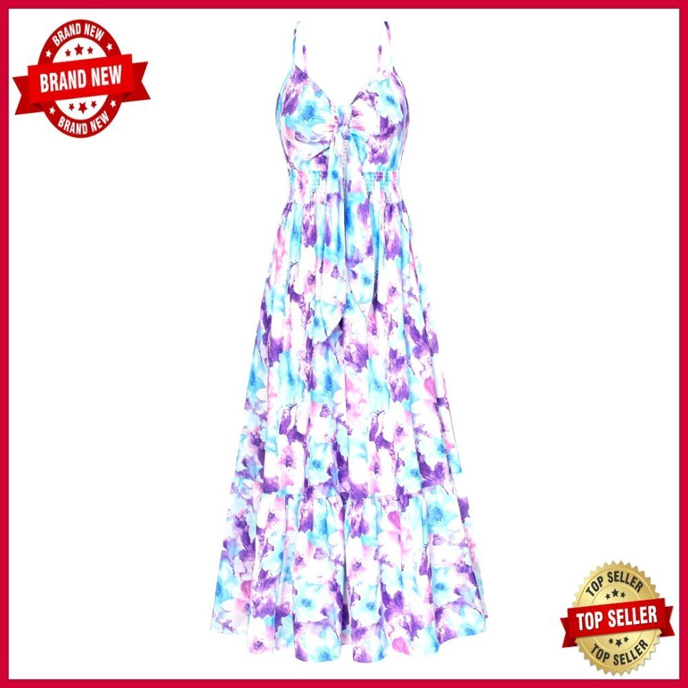 Floral Maxi Dress Boho Chic Summer Beach Party Tie Front Spaghetti Strap